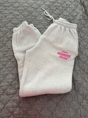 White Fox Boutique Light Gray Track Joggers with Pink Logo